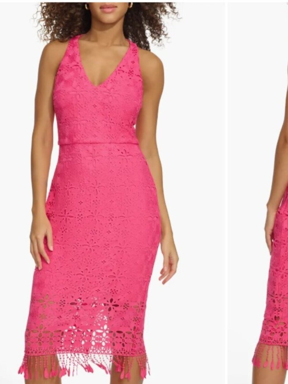 Siena Womens Lace Sheath Sleeveless Hot Pink Midi Dress Fringe Size 10 Halter